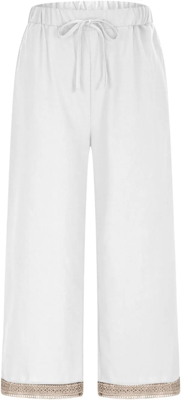 Cotton Linen Pants for Women 2025 Wide Leg Capri Palazzo Lounge Trousers High Waist Drawstring Flowy Pant