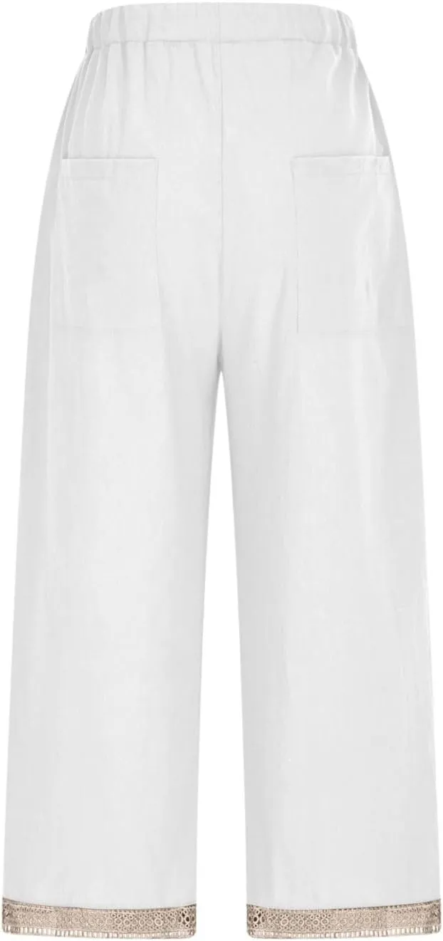 Cotton Linen Pants for Women 2025 Wide Leg Capri Palazzo Lounge Trousers High Waist Drawstring Flowy Pant