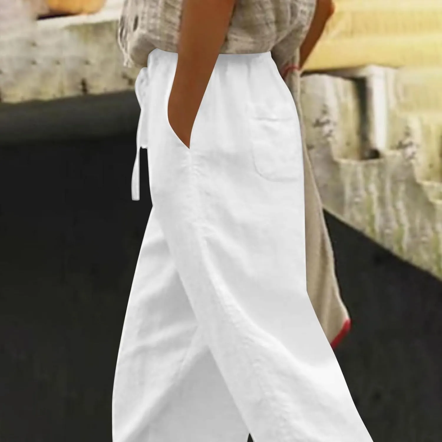 Cotton Linen Pants for Women 2025 Wide Leg Capri Palazzo Lounge Trousers High Waist Drawstring Flowy Pant