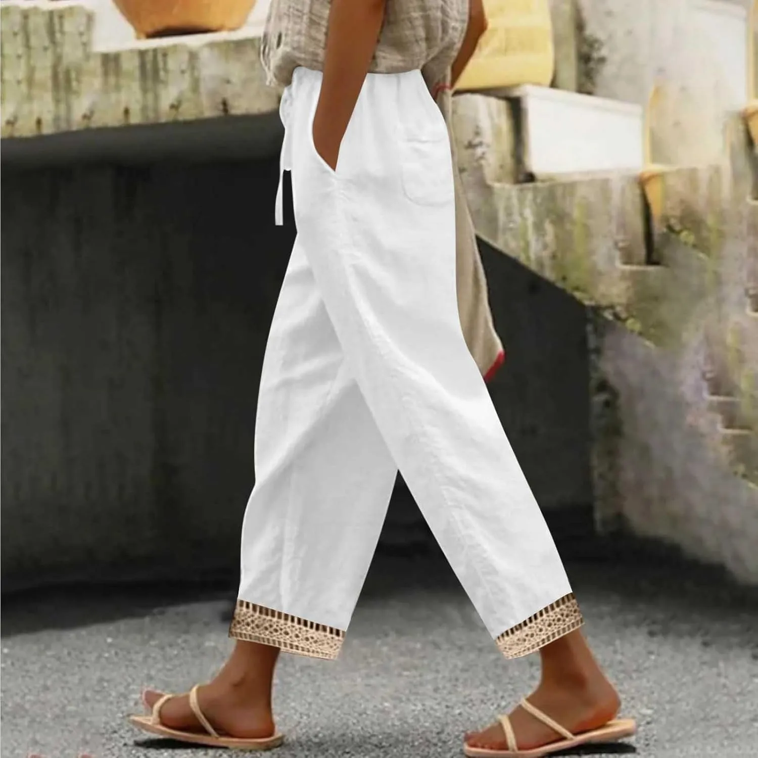 Cotton Linen Pants for Women 2025 Wide Leg Capri Palazzo Lounge Trousers High Waist Drawstring Flowy Pant