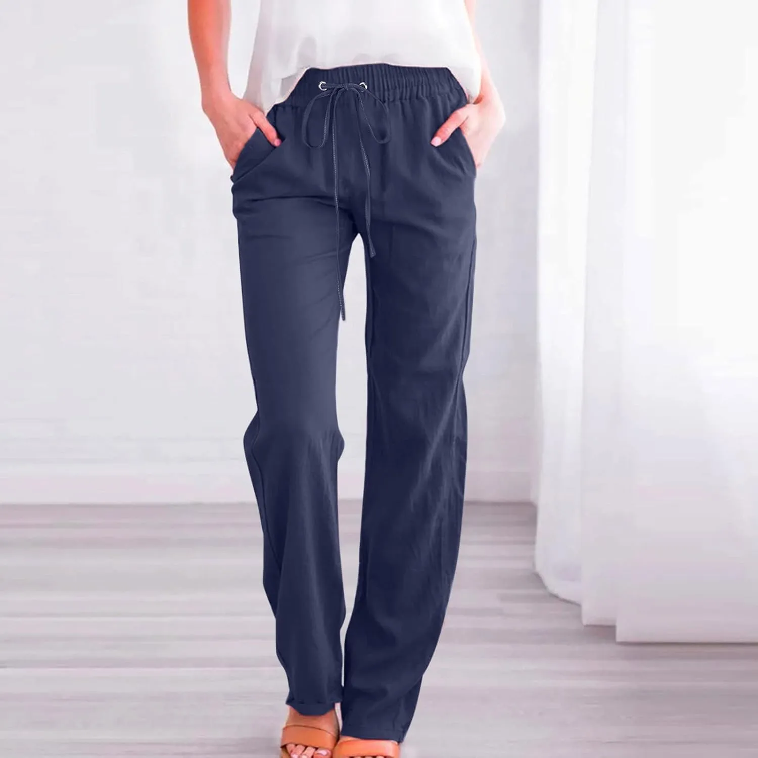 Cotton Linen Pants for Women Dressy Casual High Waisted Drawstring Pant Causal Summer Straight Leg Lounge Trousers