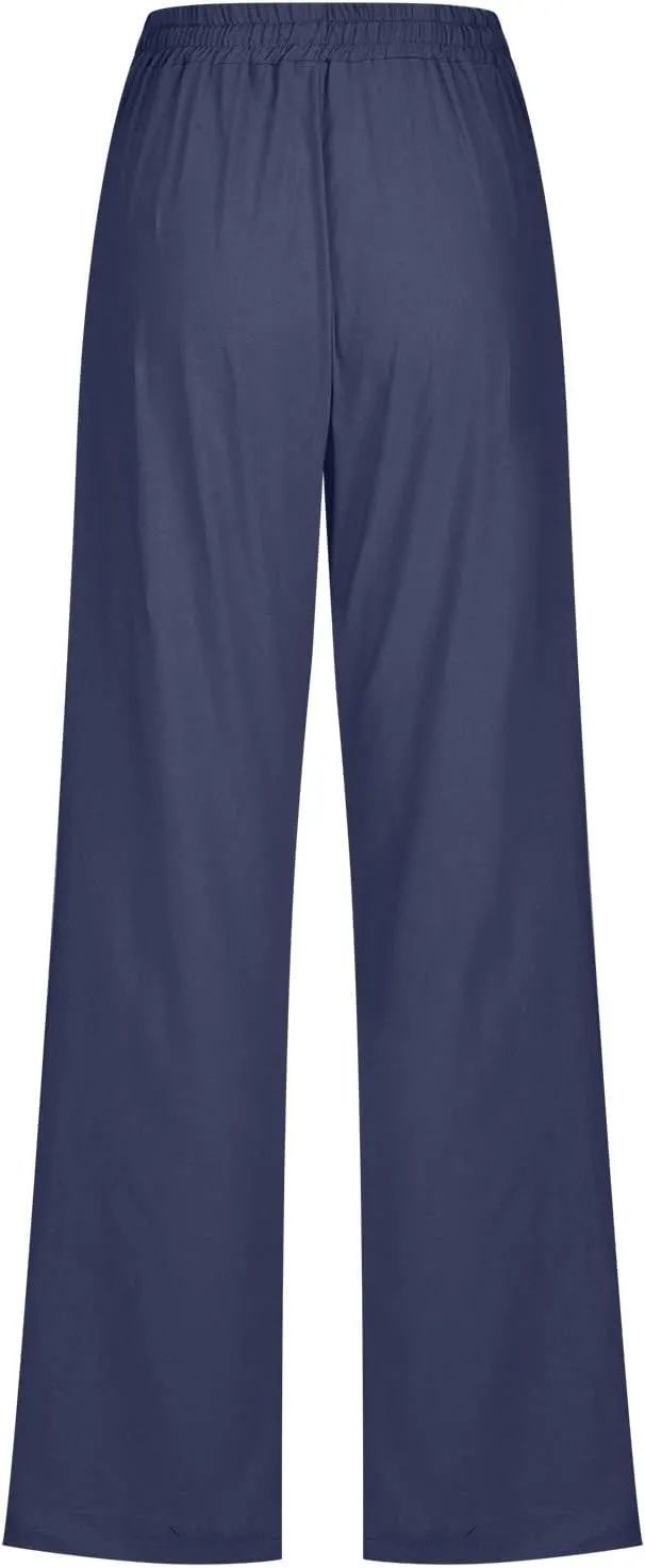 Cotton Linen Pants for Women Dressy Casual High Waisted Drawstring Pant Causal Summer Straight Leg Lounge Trousers