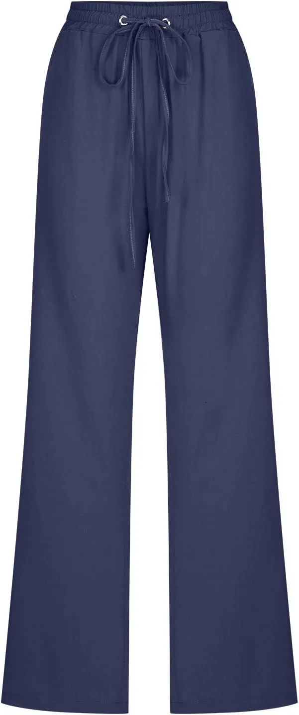 Cotton Linen Pants for Women Dressy Casual High Waisted Drawstring Pant Causal Summer Straight Leg Lounge Trousers