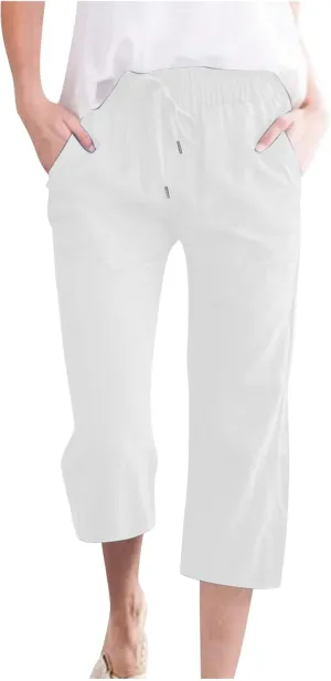 Cotton Linen Pants for Women Trendy 2024 High Waist Drawstring Cropped Pant Trousers Casual Summer Wide Leg Capris