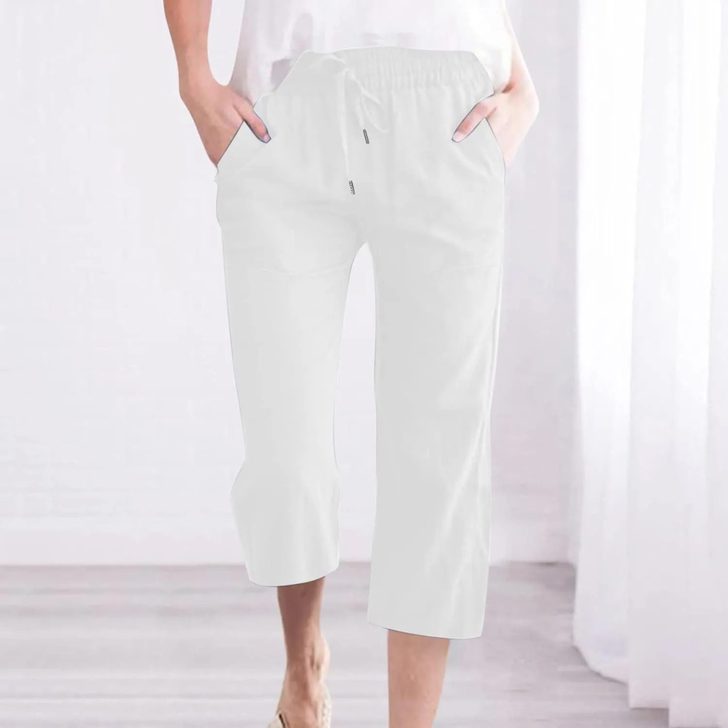 Cotton Linen Pants for Women Trendy 2024 High Waist Drawstring Cropped Pant Trousers Casual Summer Wide Leg Capris