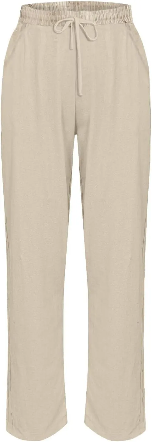 Cotton Linen Pants Women Beach Straight Leg Cropped Pants Drawstring Casual Pull On Plus Size Capris for Women