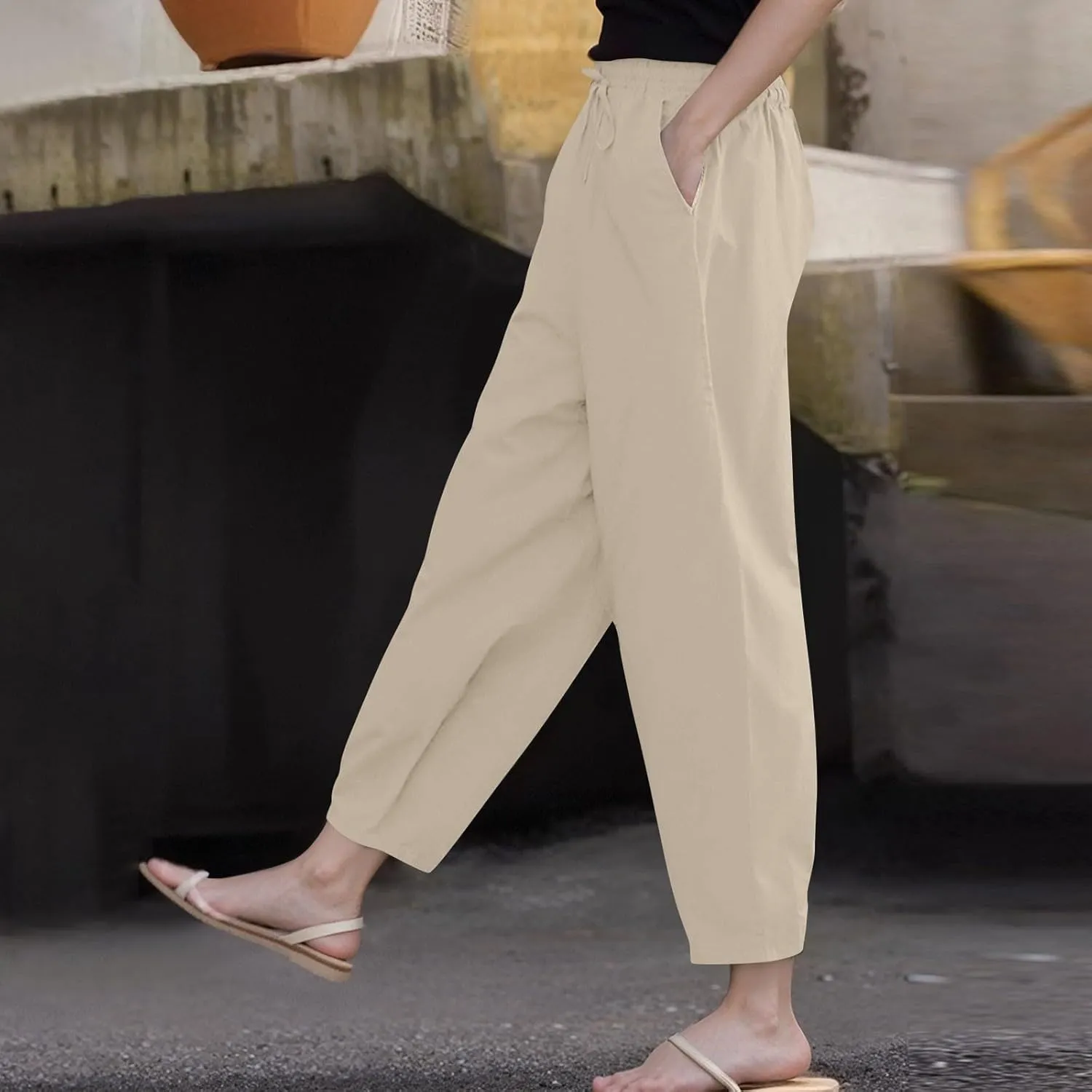 Cotton Linen Pants Women Beach Straight Leg Cropped Pants Drawstring Casual Pull On Plus Size Capris for Women