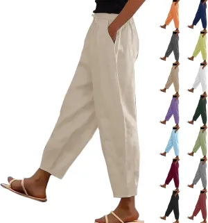 Cotton Linen Pants Women Beach Straight Leg Cropped Pants Drawstring Casual Pull On Plus Size Capris for Women