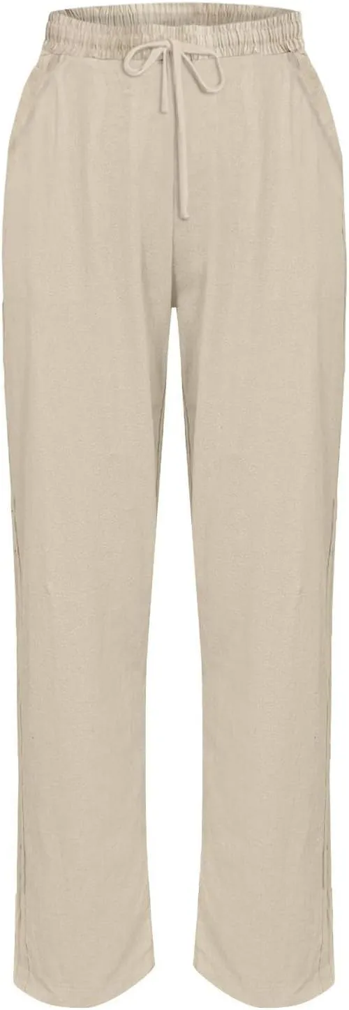 Cotton Linen Pants Women Beach Straight Leg Cropped Pants Drawstring Casual Pull On Plus Size Capris for Women