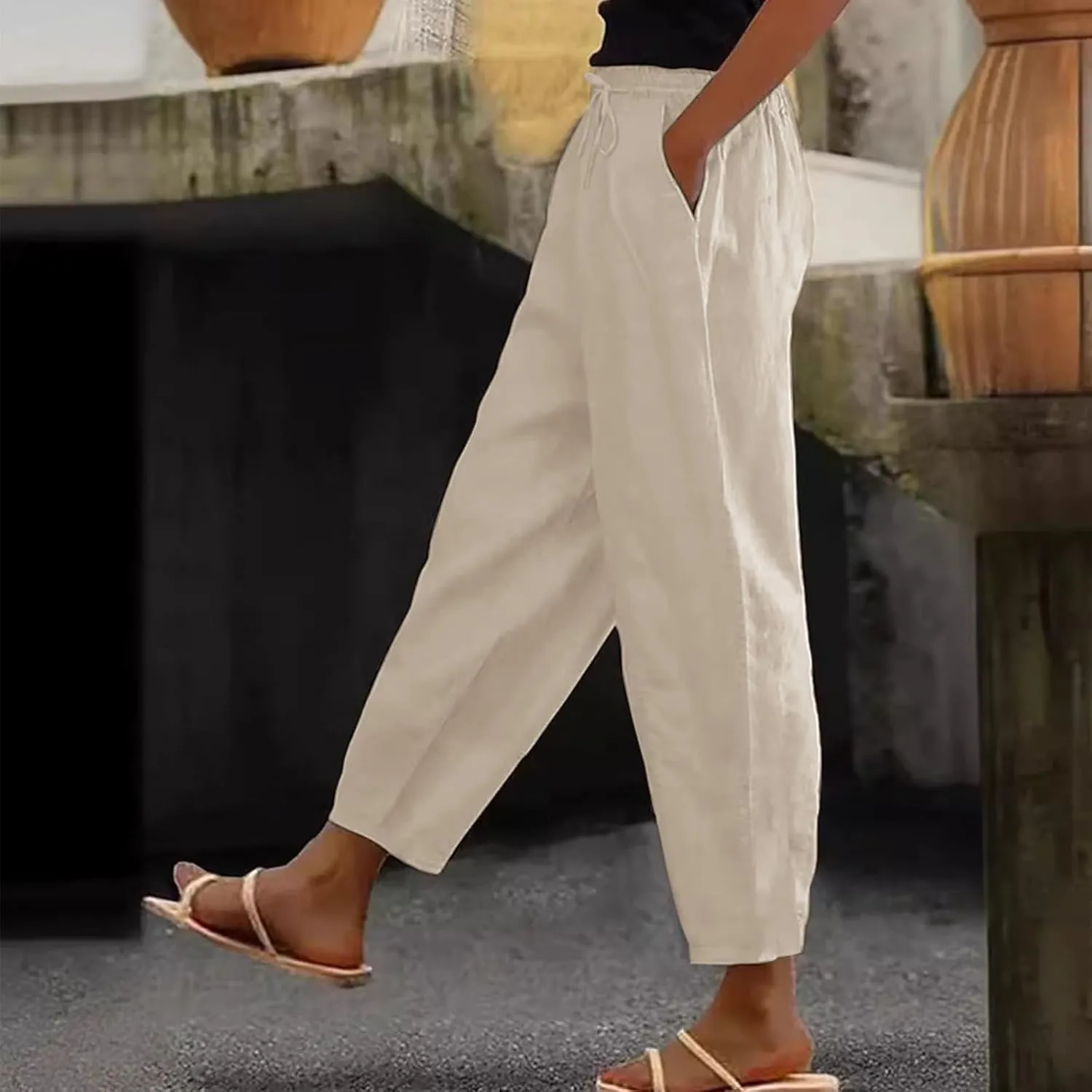 Cotton Linen Pants Women Beach Straight Leg Cropped Pants Drawstring Casual Pull On Plus Size Capris for Women