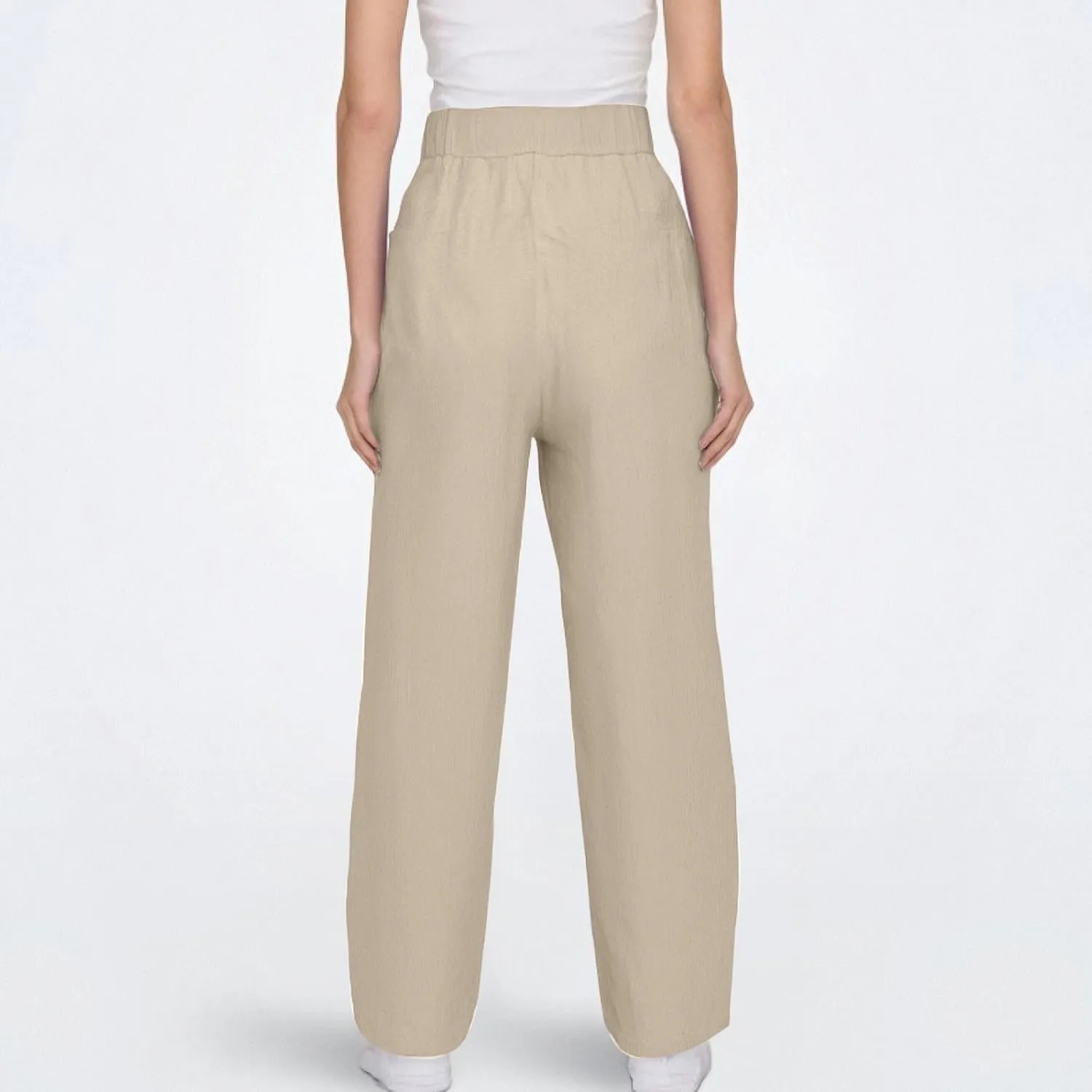 Cotton Linen Pants Women Beach Straight Leg Cropped Pants Drawstring Casual Pull On Plus Size Capris for Women