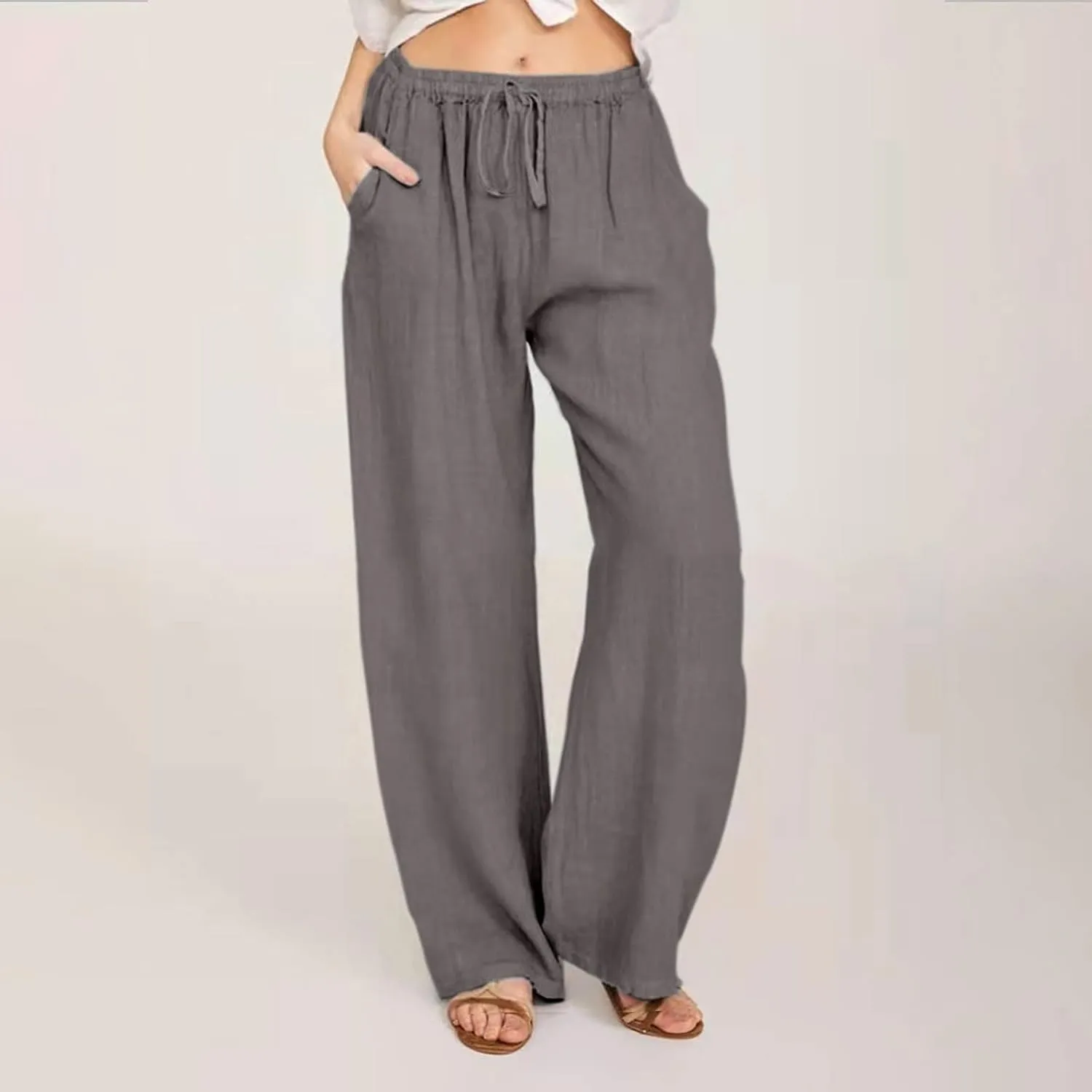 Cotton Linen Wide Leg Pants for Women Casual Summer 2024 Drawstring Beach Pants Loose Flowy Lounge Trousers