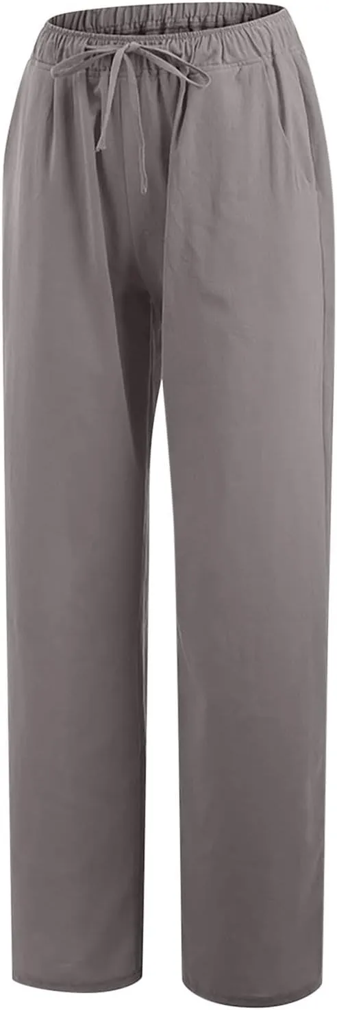 Cotton Linen Wide Leg Pants for Women Casual Summer 2024 Drawstring Beach Pants Loose Flowy Lounge Trousers