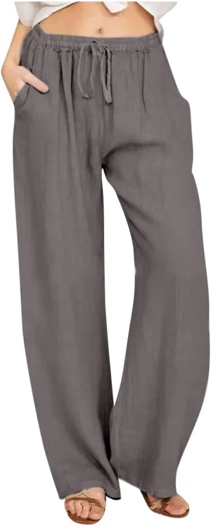 Cotton Linen Wide Leg Pants for Women Casual Summer 2024 Drawstring Beach Pants Loose Flowy Lounge Trousers