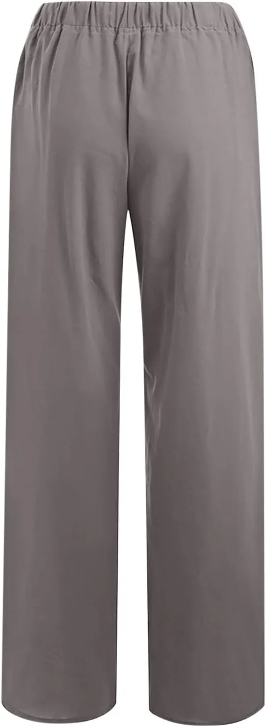 Cotton Linen Wide Leg Pants for Women Casual Summer 2024 Drawstring Beach Pants Loose Flowy Lounge Trousers