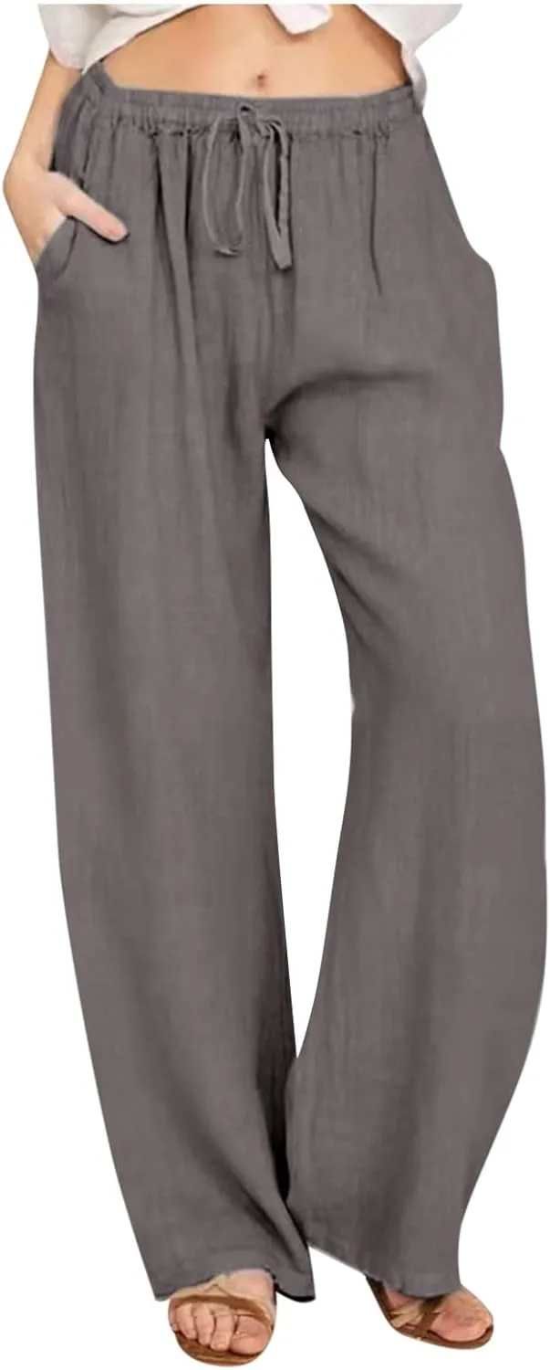 Cotton Linen Wide Leg Pants for Women Casual Summer 2024 Drawstring Beach Pants Loose Flowy Lounge Trousers