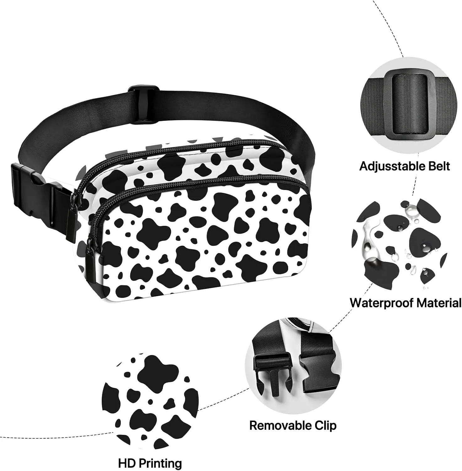 Cow Fanny Pack for Women Belt Bag Fashion Waist Pouch with Adjustable Strap for Sports Running Traveling Hiking Camping Cycling