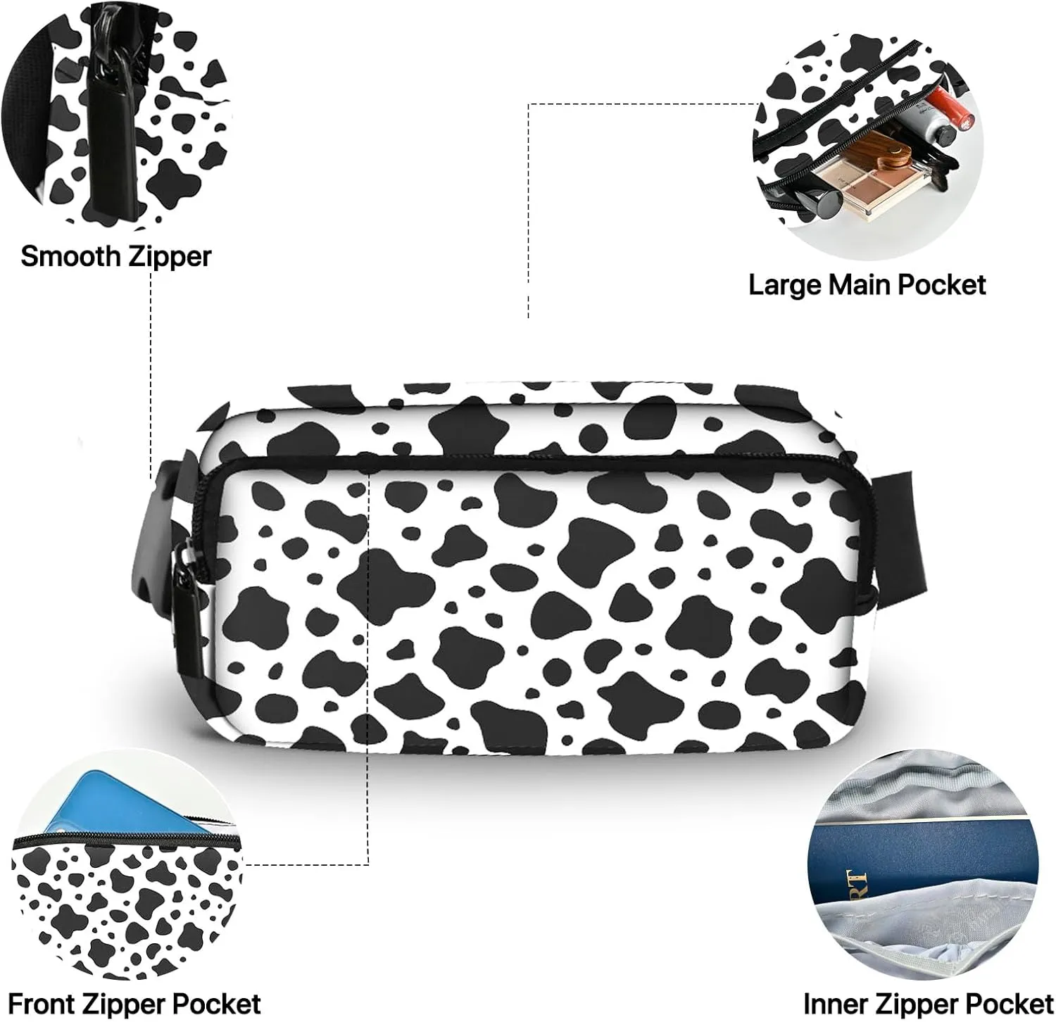 Cow Fanny Pack for Women Belt Bag Fashion Waist Pouch with Adjustable Strap for Sports Running Traveling Hiking Camping Cycling