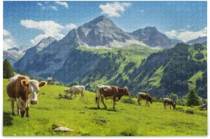 Cow Grassland Sky Jigsaw Puzzles 500 Pieces for Adults,Learning Educational Puzzles,Difficult and Challenge Families Toys with Mesh Storage Bag 2012236