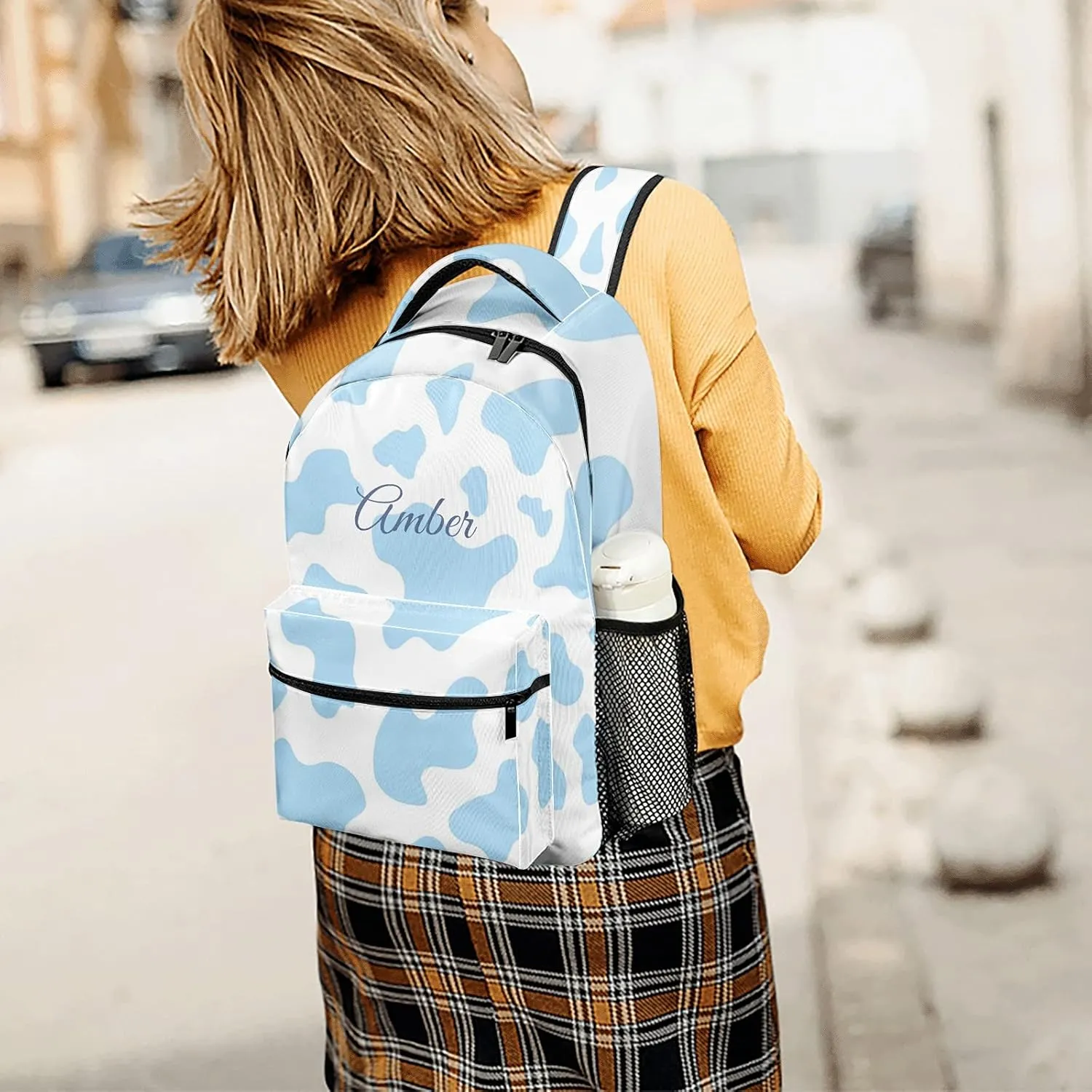 Cow Pattern Blue Backpack Personalized Name Waterproof for Boys Girls Gift