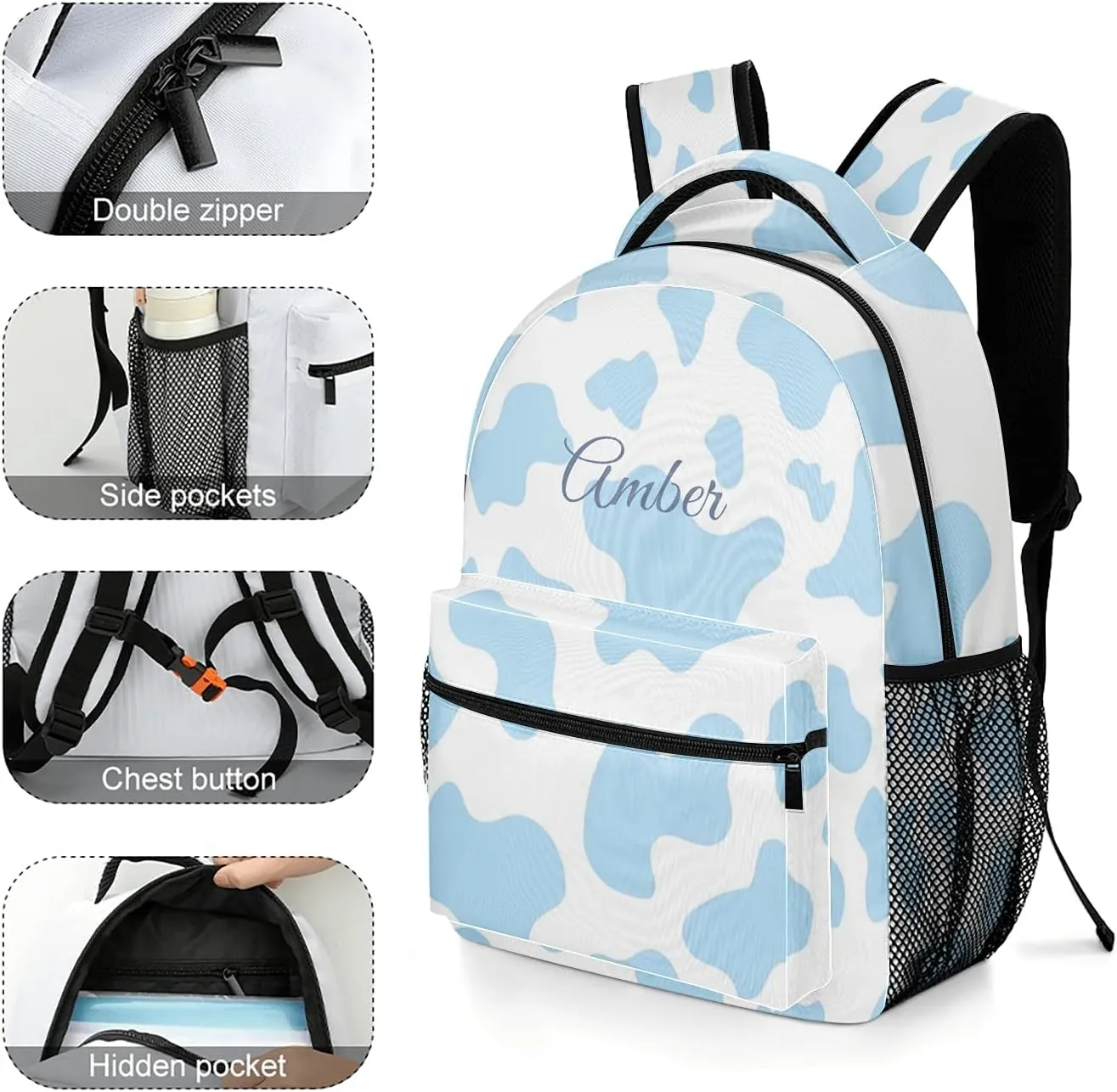 Cow Pattern Blue Backpack Personalized Name Waterproof for Boys Girls Gift
