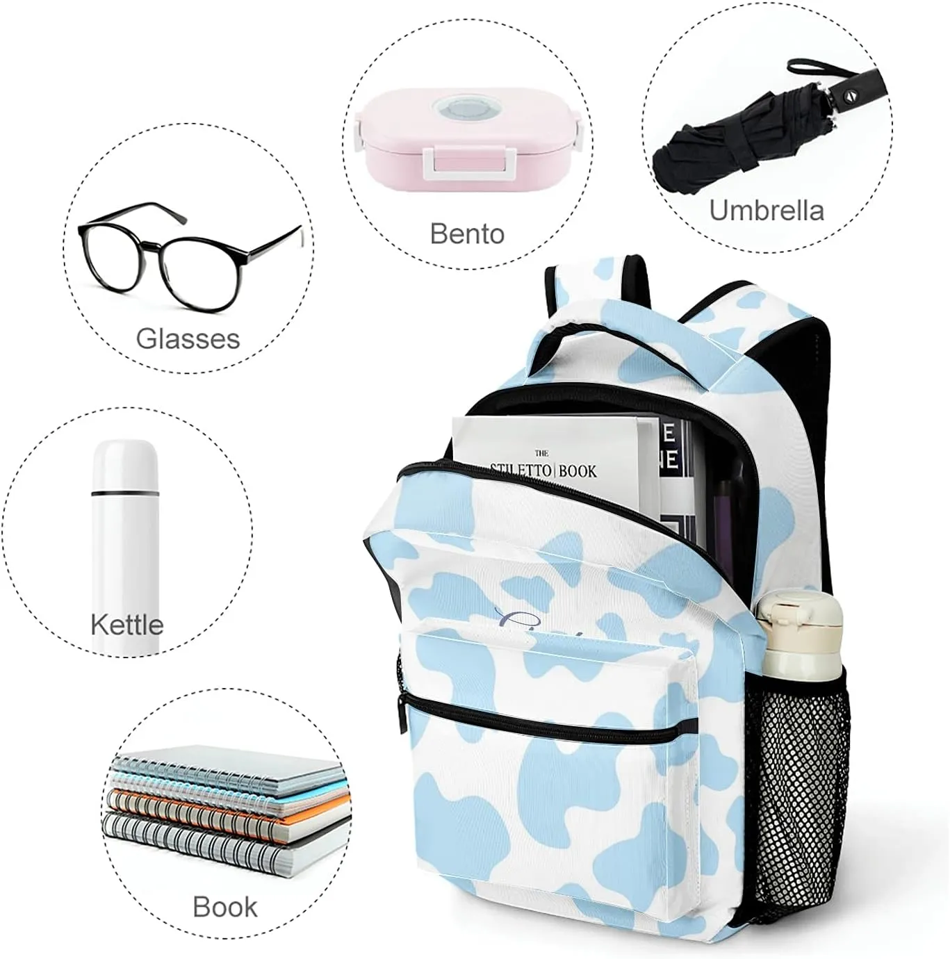 Cow Pattern Blue Backpack Personalized Name Waterproof for Boys Girls Gift