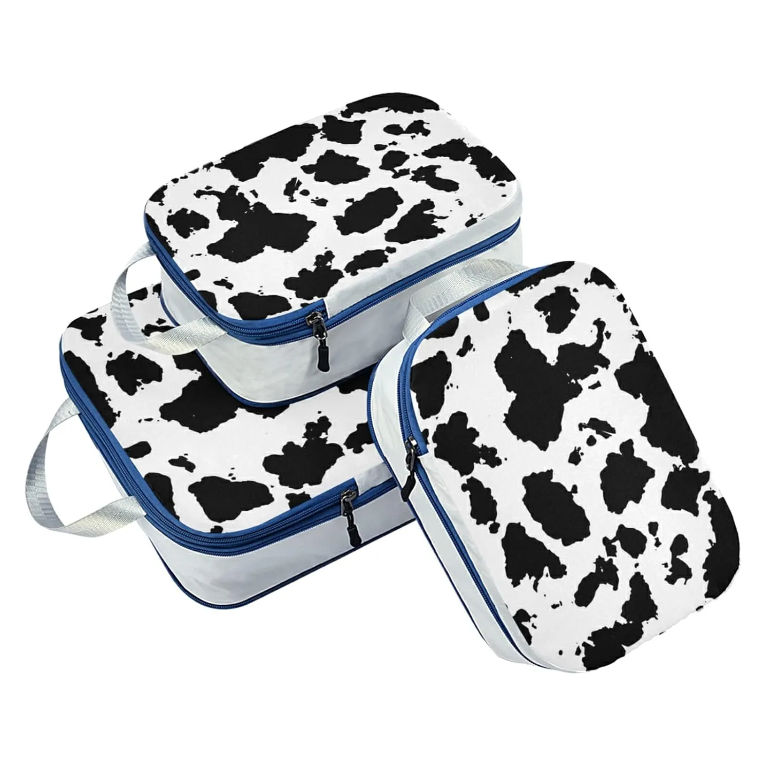 Cow Print Black and White Cracks Scuffs Chips Stains of Ink on White 3 Piece set Cubes Expandable Adjustable Luggage Packing Bags, Ultralight Organizer Accessories Travel Suitcase Compressible Bags