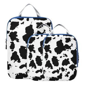 Cow Print Black and White Cracks Scuffs Chips Stains of Ink on White 3 Piece set Cubes Expandable Adjustable Luggage Packing Bags, Ultralight Organizer Accessories Travel Suitcase Compressible Bags