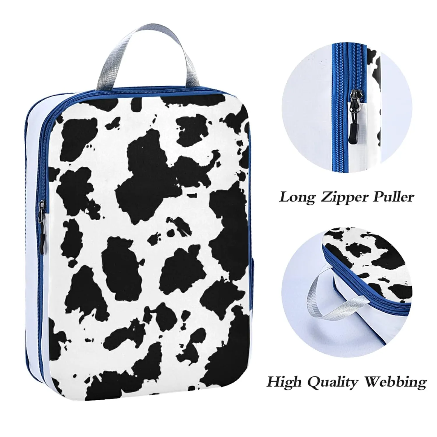 Cow Print Black and White Cracks Scuffs Chips Stains of Ink on White 3 Piece set Cubes Expandable Adjustable Luggage Packing Bags, Ultralight Organizer Accessories Travel Suitcase Compressible Bags
