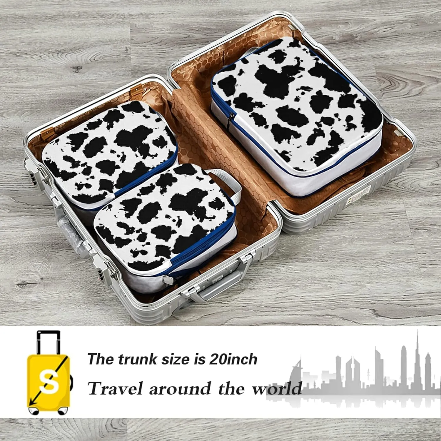 Cow Print Black and White Cracks Scuffs Chips Stains of Ink on White 3 Piece set Cubes Expandable Adjustable Luggage Packing Bags, Ultralight Organizer Accessories Travel Suitcase Compressible Bags