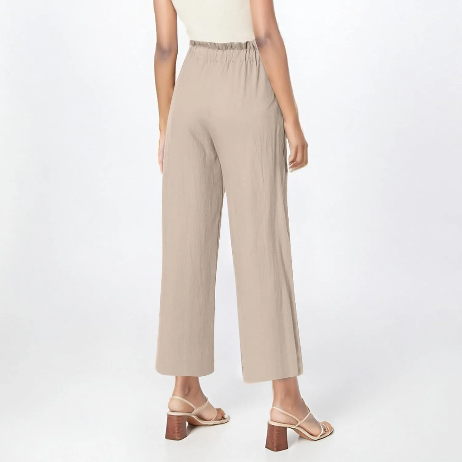 Cropped Linen Pants Women Drawstring Elastic Waist Wide Leg Palazzo Pants with Pockets Casual Flowy Boho Beach Pant