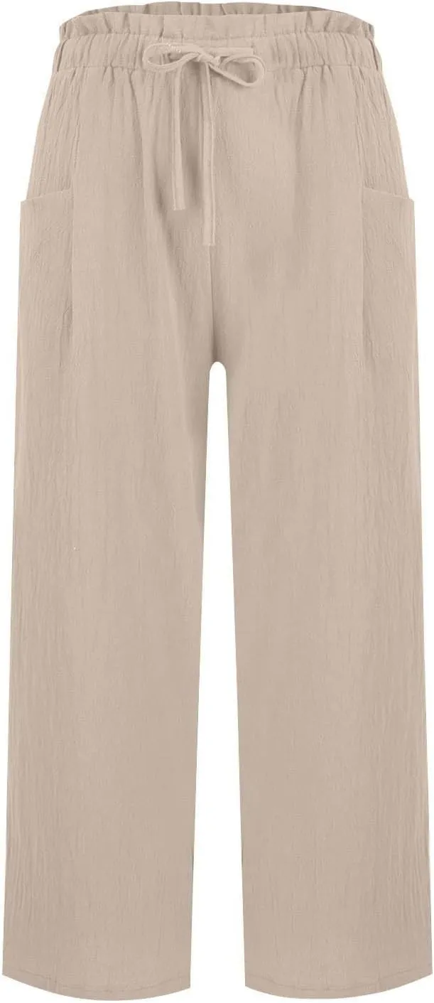Cropped Linen Pants Women Drawstring Elastic Waist Wide Leg Palazzo Pants with Pockets Casual Flowy Boho Beach Pant