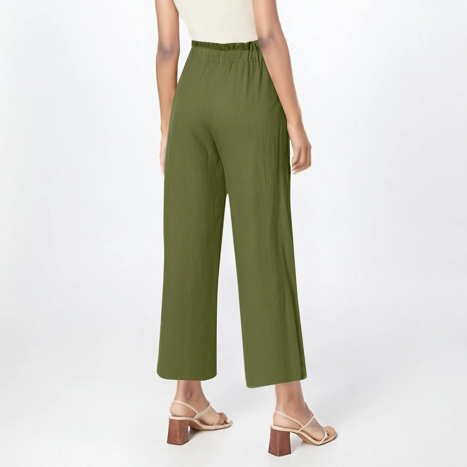 Cropped Linen Pants Women Drawstring Elastic Waist Wide Leg Palazzo Pants with Pockets Casual Flowy Boho Beach Pant