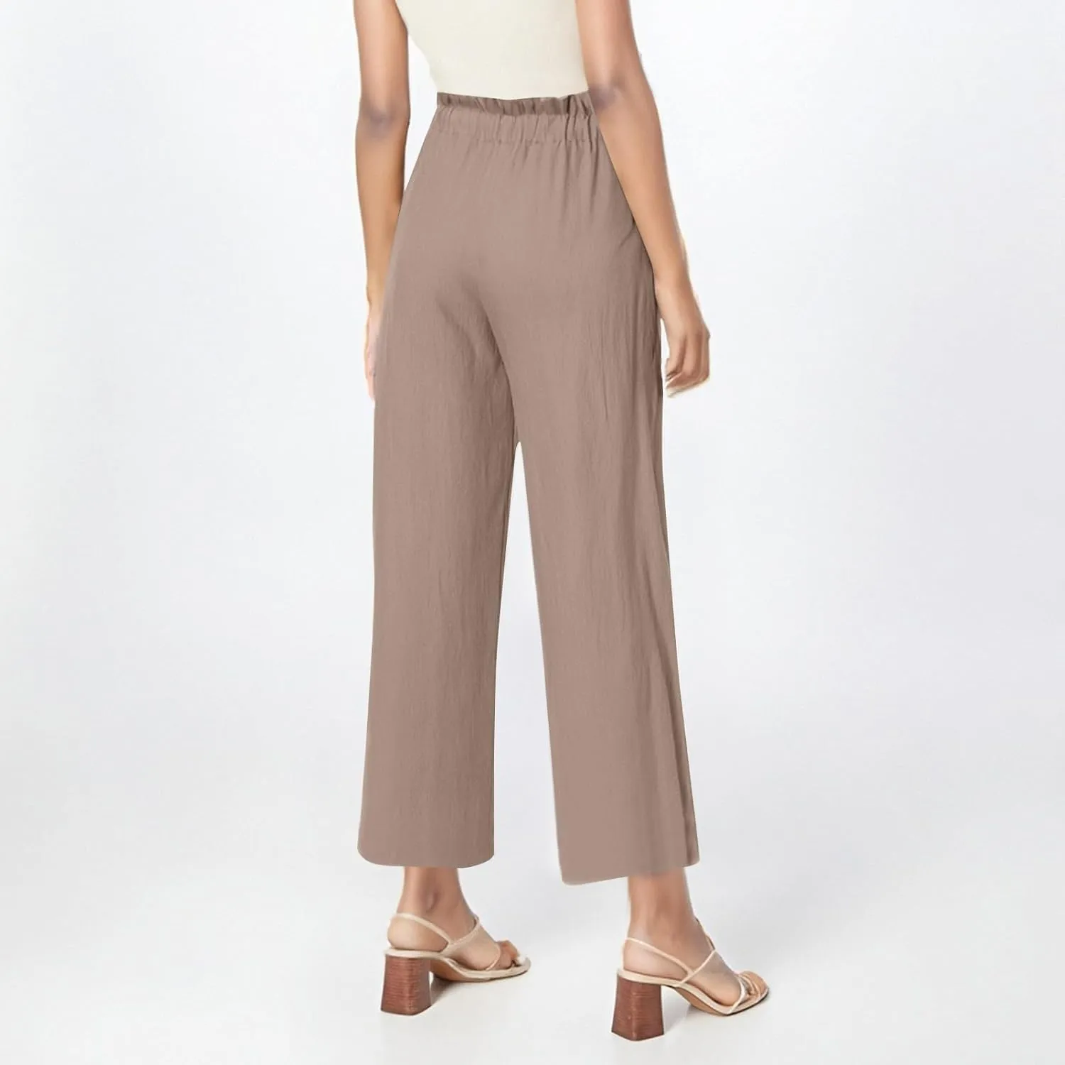 Cropped Linen Pants Women Drawstring Elastic Waist Wide Leg Palazzo Pants with Pockets Casual Flowy Boho Beach Pant