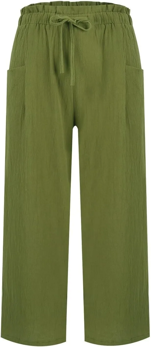 Cropped Linen Pants Women Drawstring Elastic Waist Wide Leg Palazzo Pants with Pockets Casual Flowy Boho Beach Pant