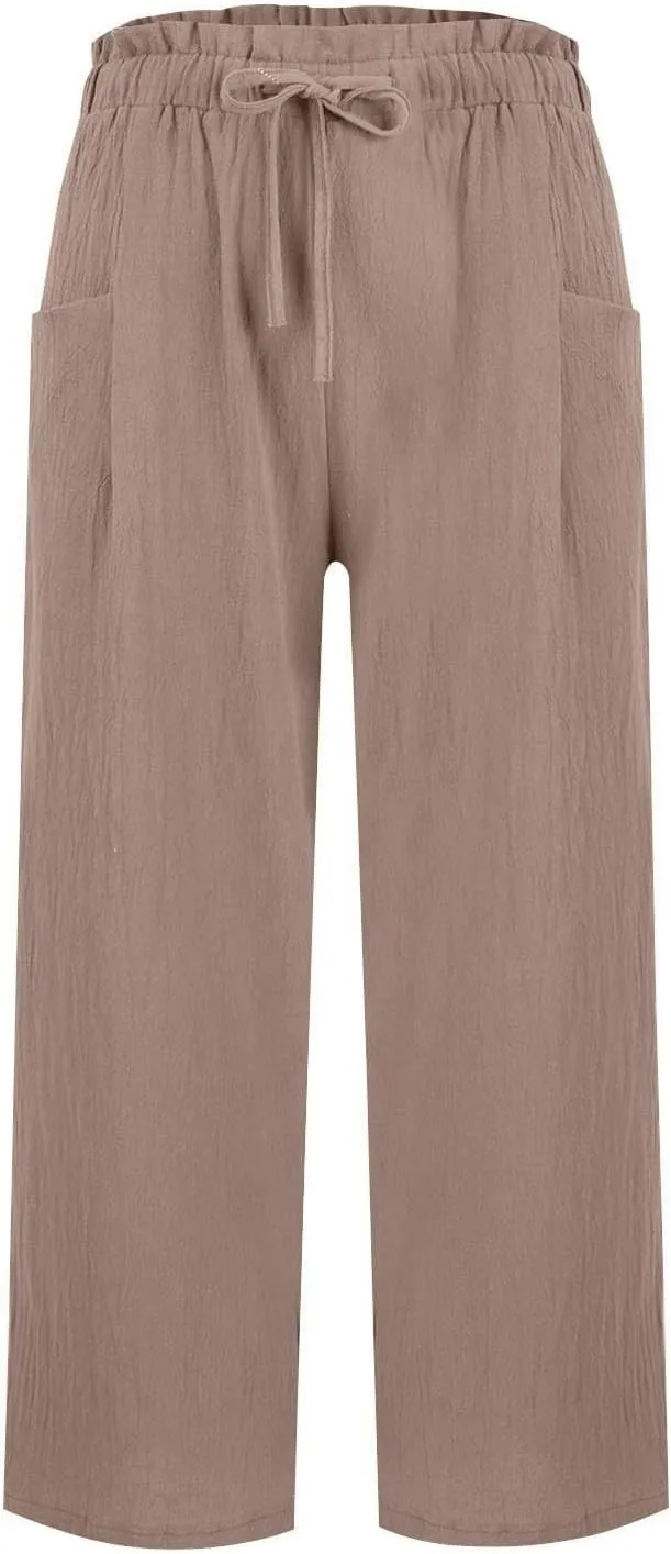 Cropped Linen Pants Women Drawstring Elastic Waist Wide Leg Palazzo Pants with Pockets Casual Flowy Boho Beach Pant