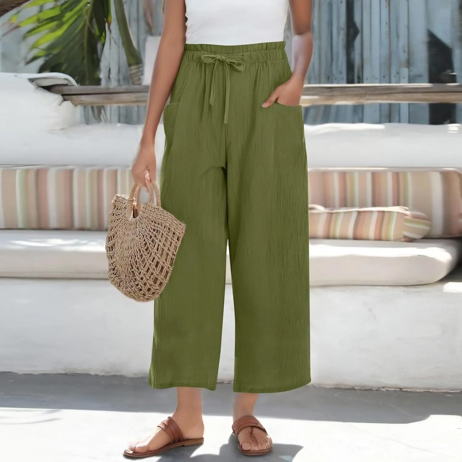 Cropped Linen Pants Women Drawstring Elastic Waist Wide Leg Palazzo Pants with Pockets Casual Flowy Boho Beach Pant