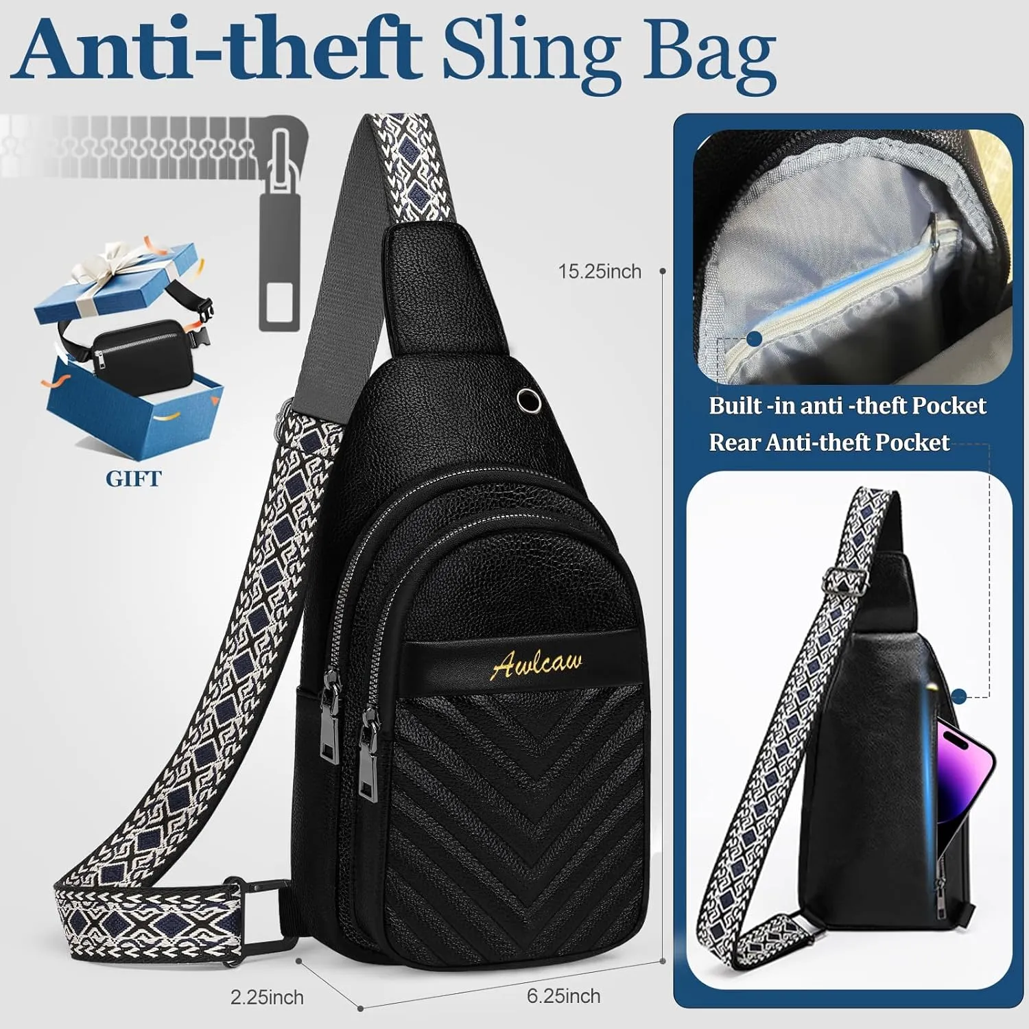 Crossbody bags Set, Faux Leather Small Sling Bag Fashion Shoulder Waist Packs Purse and Fanny Packs Set for Man and Women, Black