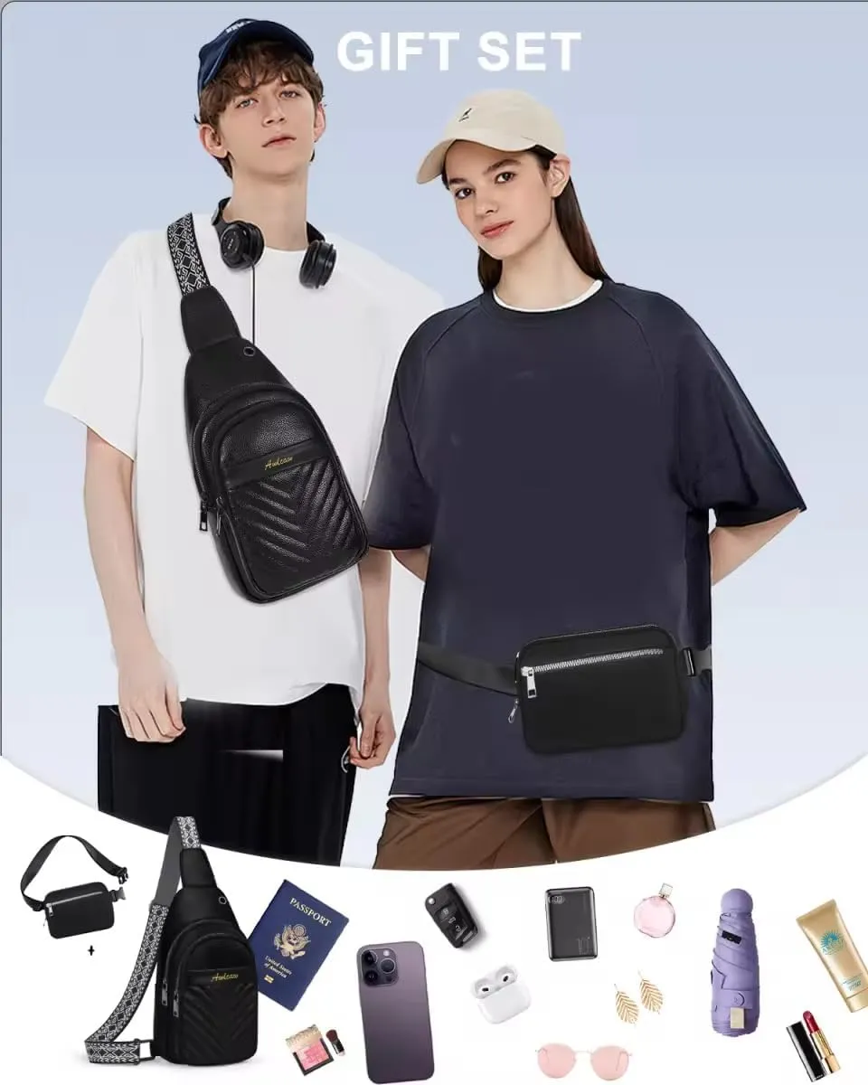 Crossbody bags Set, Faux Leather Small Sling Bag Fashion Shoulder Waist Packs Purse and Fanny Packs Set for Man and Women, Black