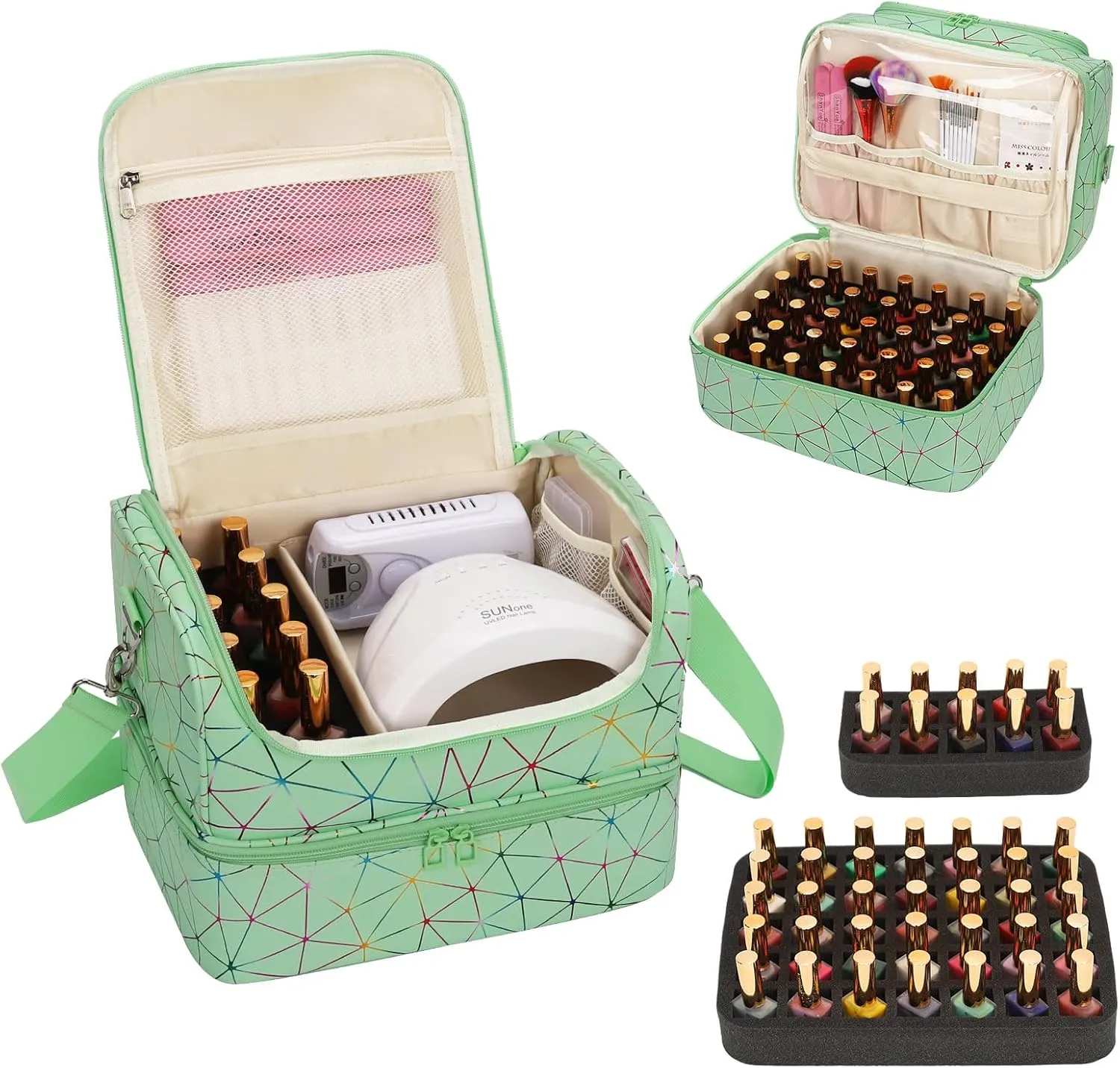 CUBETASTIC Nail Polish Organizer, Cute Nail Tech Organizers And Storage Bag Holds 45 Bottles & UV Nail Lamp, Compact Double-Layer Travel Nail Supplies Case for Nail Kit (Triangle Green, 45 Slots)