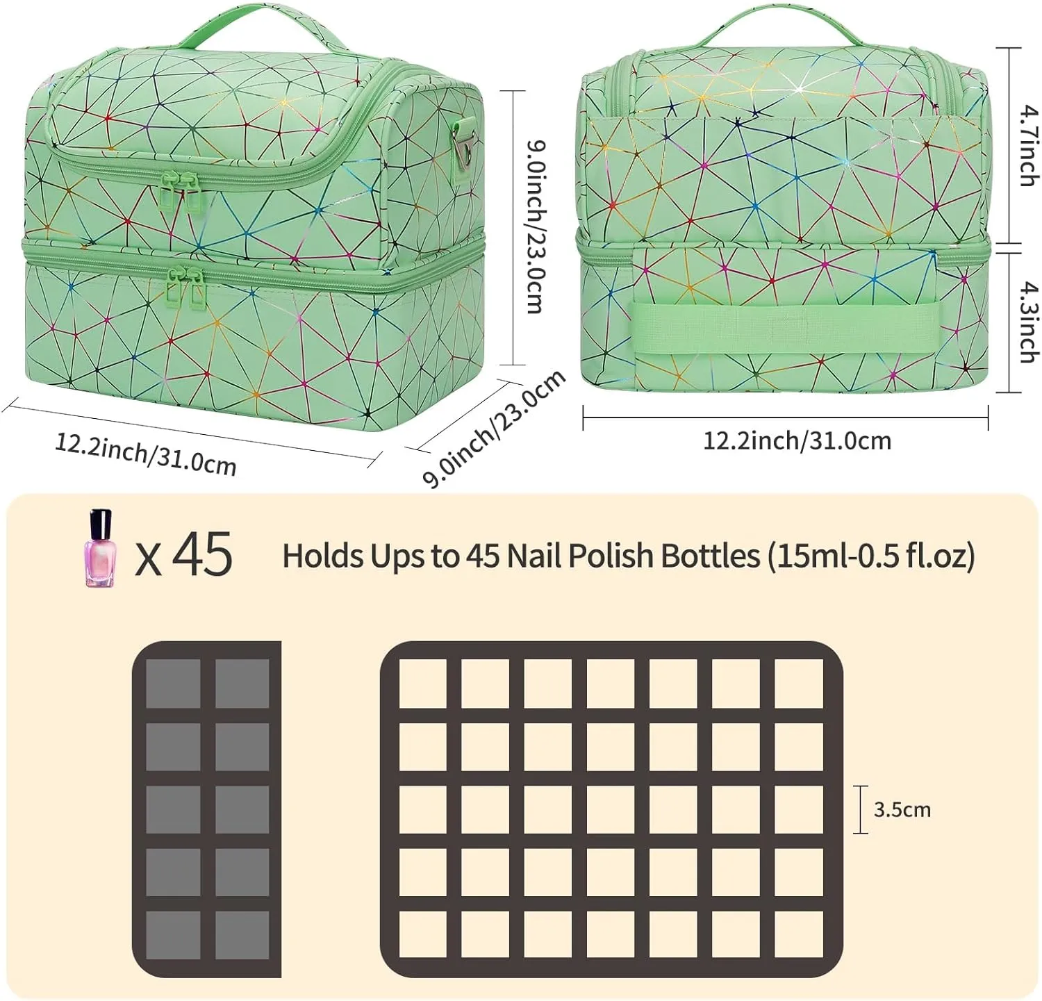 CUBETASTIC Nail Polish Organizer, Cute Nail Tech Organizers And Storage Bag Holds 45 Bottles & UV Nail Lamp, Compact Double-Layer Travel Nail Supplies Case for Nail Kit (Triangle Green, 45 Slots)