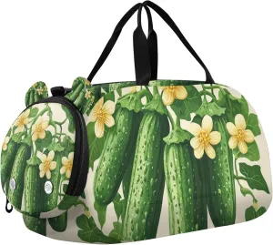 Cucumbers Leaves Flowers Duffle Bag for Toddler Boys Girls, Gym Sports Bag with Shoe Compartments, Kids Travel Overnight Weekender Shoulder Bag