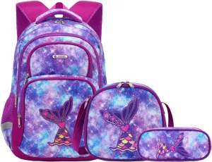 Cusangel Purple Mermaid 3pcs Set with Lunch Box Pencil Case,Multi Compartment Backpack, Dinosaur Backpack Chest Strap Side Pockets 16 Inch