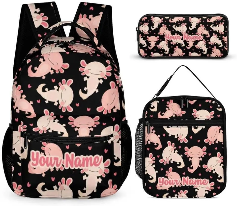 Custom Axolotl Backpack with Lunch Box & Pencil Case for Kids Girls Boys School, 16 Inch Cute Axolotls Bookbag, School Backpack for Students Children, Lightweight, Large Capacity