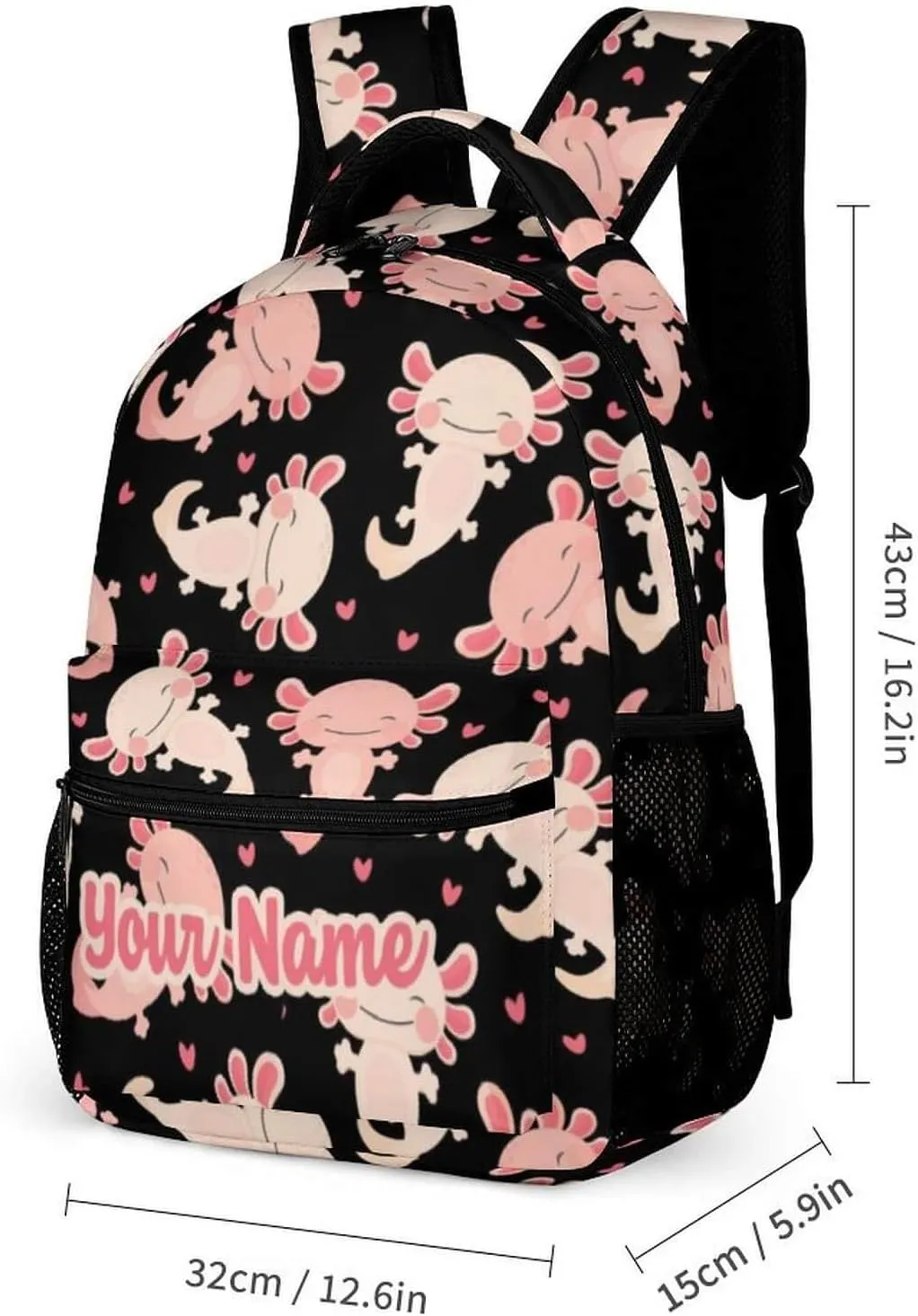 Custom Axolotl Backpack with Lunch Box & Pencil Case for Kids Girls Boys School, 16 Inch Cute Axolotls Bookbag, School Backpack for Students Children, Lightweight, Large Capacity