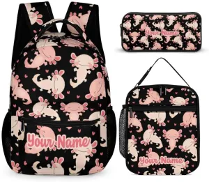 Custom Axolotl Backpack with Lunch Box & Pencil Case for Kids Girls Boys School, 16 Inch Cute Axolotls Bookbag, School Backpack for Students Children, Lightweight, Large Capacity