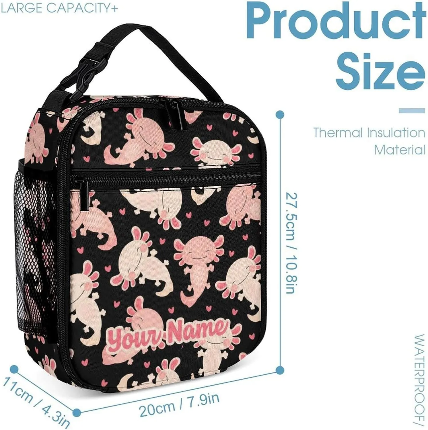 Custom Axolotl Backpack with Lunch Box & Pencil Case for Kids Girls Boys School, 16 Inch Cute Axolotls Bookbag, School Backpack for Students Children, Lightweight, Large Capacity