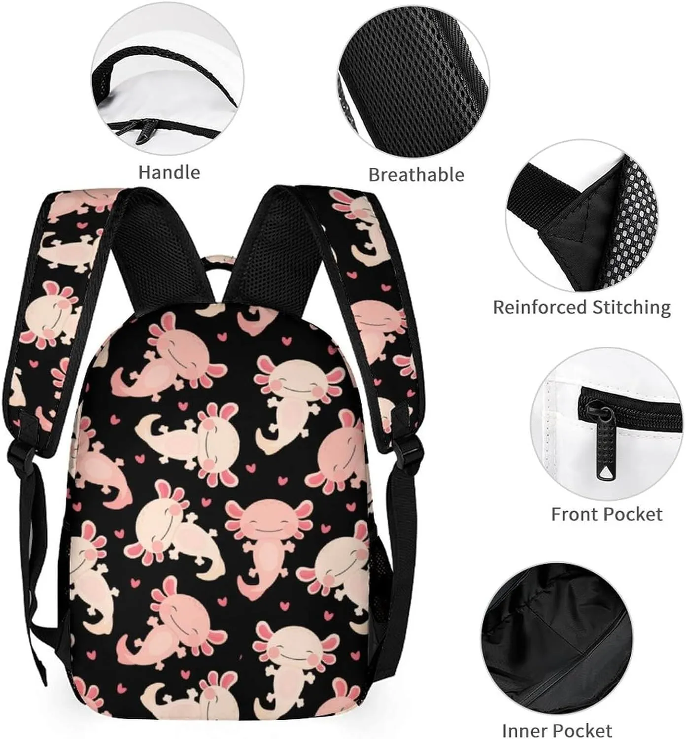 Custom Axolotl Backpack with Lunch Box & Pencil Case for Kids Girls Boys School, 16 Inch Cute Axolotls Bookbag, School Backpack for Students Children, Lightweight, Large Capacity