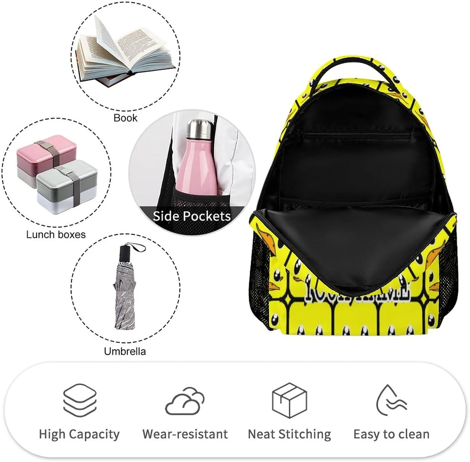 Custom Duck Backpack for Kids Girls Boys School, 16 Inches Cute Duck Theme Bookbag, Adjustable, Large Capacity, Lightweight, Colorful Duck Backpack for School