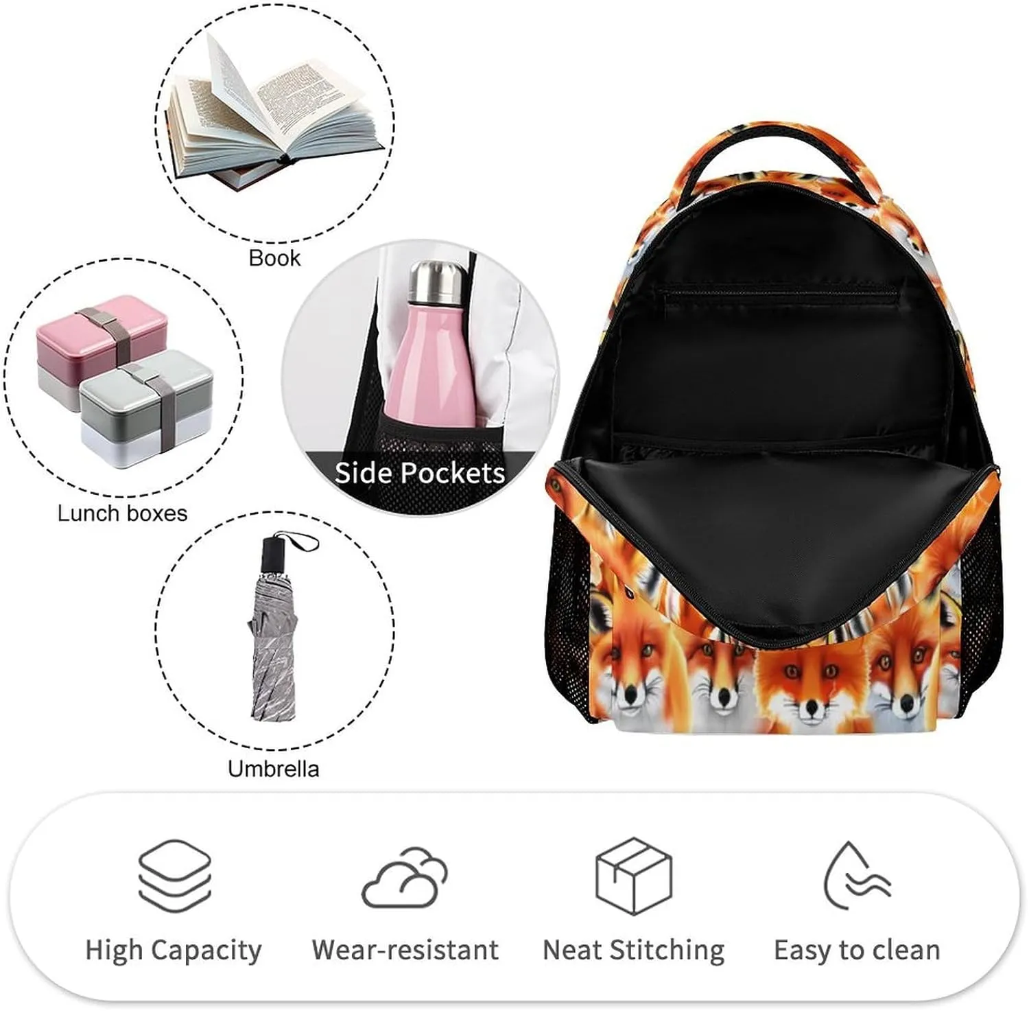 Custom Fox School Backpack for Kids Girls Boys, 16 Inch Cute Foxes Themed Bookbag, Personalized School Backpack for Students Children, Lightweight, Large Capacity